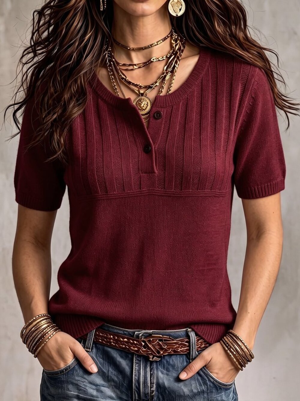Burgundy Casual Women's Regular Fit Round Neck Short Sleeve Button Knit Top